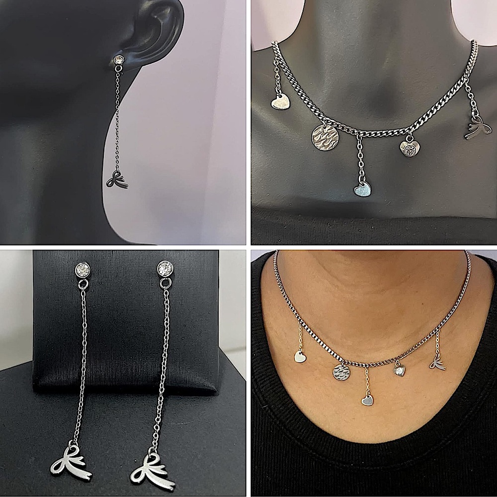 Bow Earrings and Charm Necklace Set